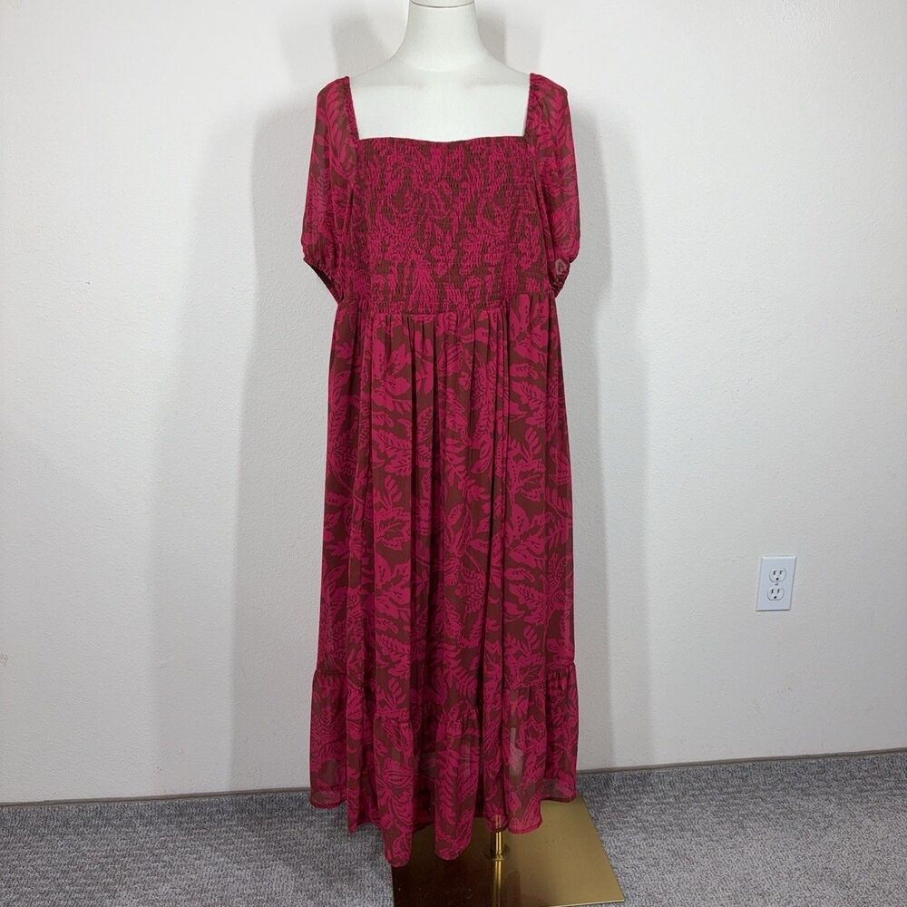 Torrid Dress Womens 1X Plus Pink Floral Midi Chiffon Smocked Puff Sleeve Boho